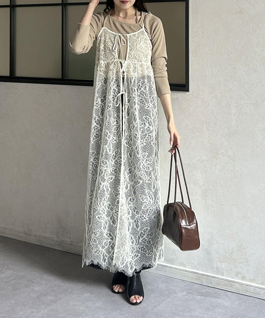 葉子圖案蕾絲蝴蝶結吊帶連衣裙