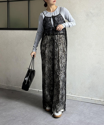 葉子圖案蕾絲蝴蝶結吊帶連衣裙