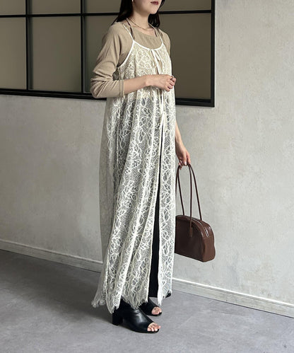 葉子圖案蕾絲蝴蝶結吊帶連衣裙