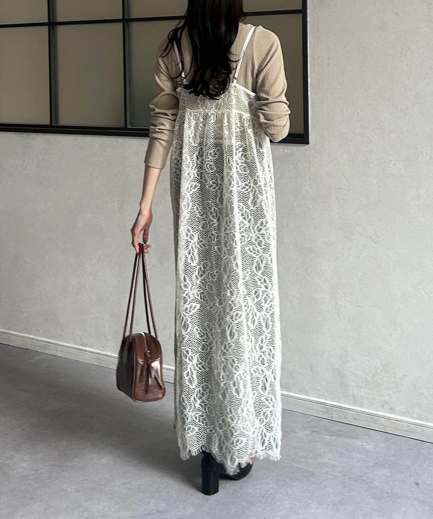 葉子圖案蕾絲蝴蝶結吊帶連衣裙