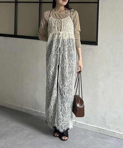 葉子圖案蕾絲蝴蝶結吊帶連衣裙