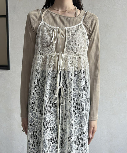 葉子圖案蕾絲蝴蝶結吊帶連衣裙