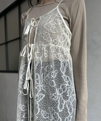 葉子圖案蕾絲蝴蝶結吊帶連衣裙