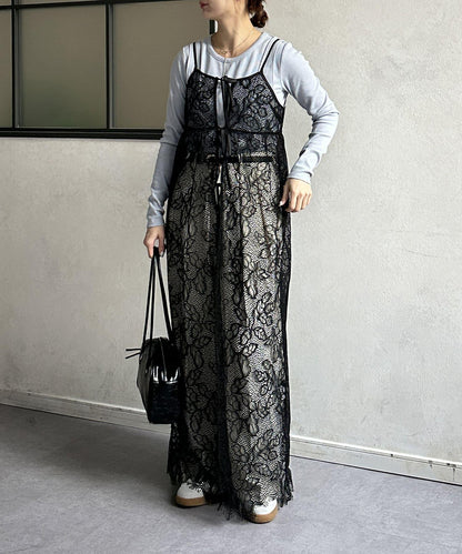 葉子圖案蕾絲蝴蝶結吊帶連衣裙