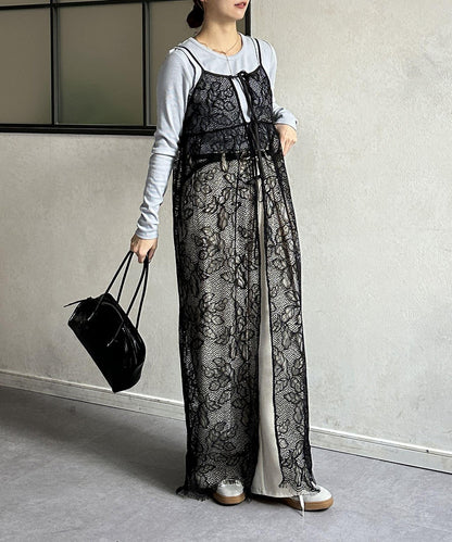 葉子圖案蕾絲蝴蝶結吊帶連衣裙