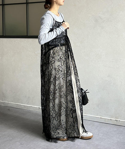 葉子圖案蕾絲蝴蝶結吊帶連衣裙