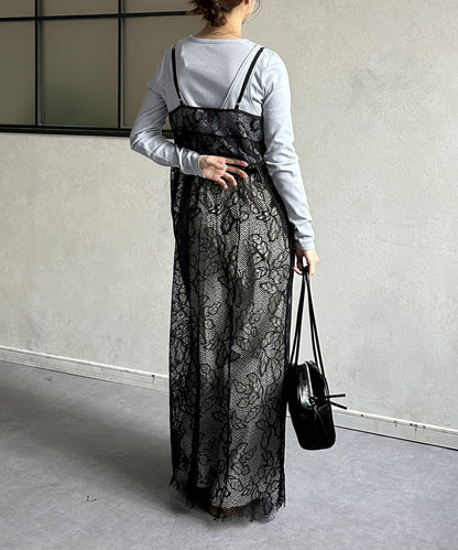 葉子圖案蕾絲蝴蝶結吊帶連衣裙