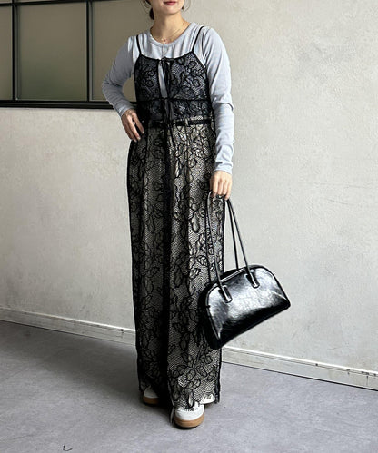 葉子圖案蕾絲蝴蝶結吊帶連衣裙