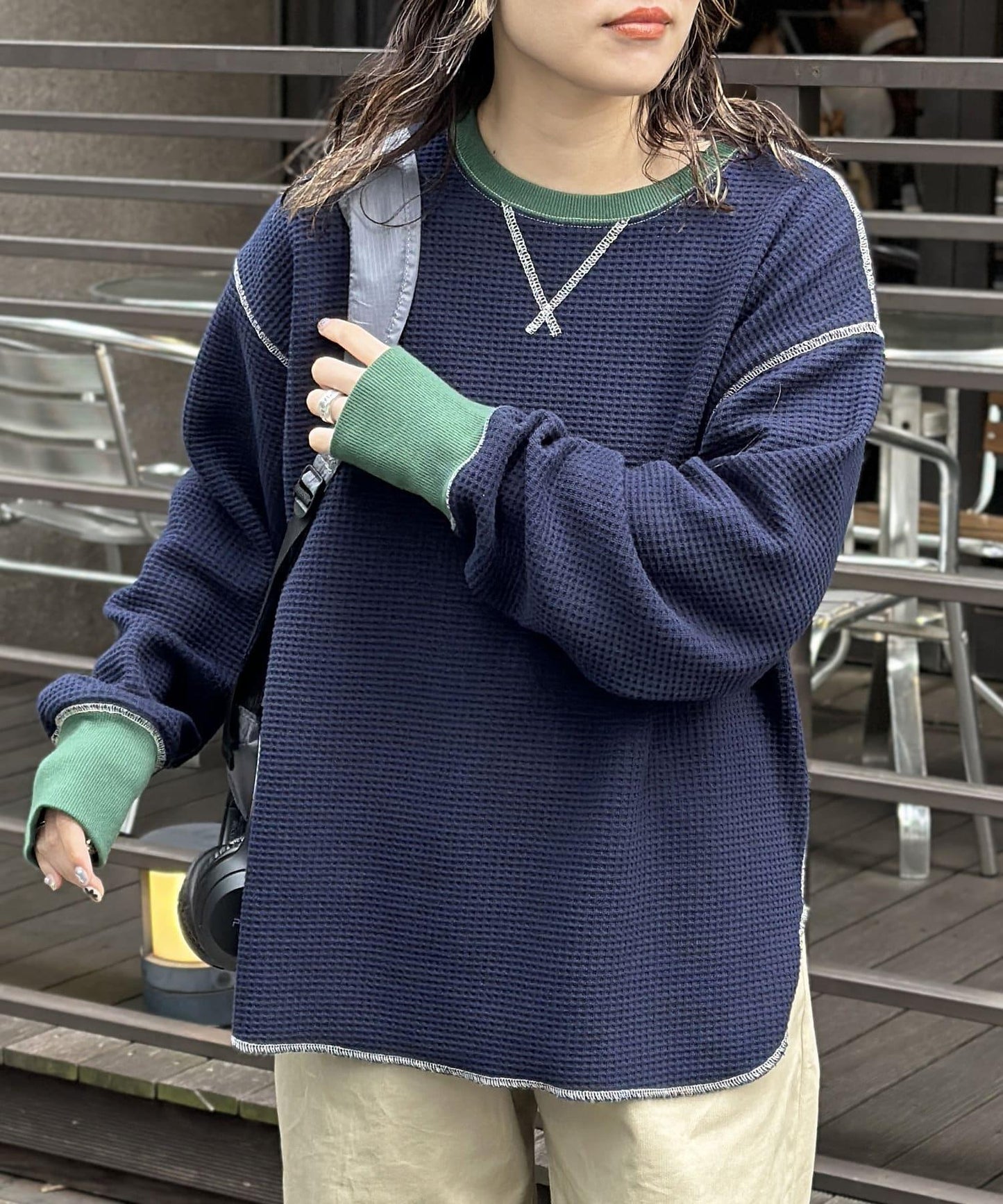 條紋配色拼接針織套頭衫