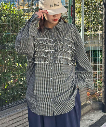 荷葉邊拼接上衣