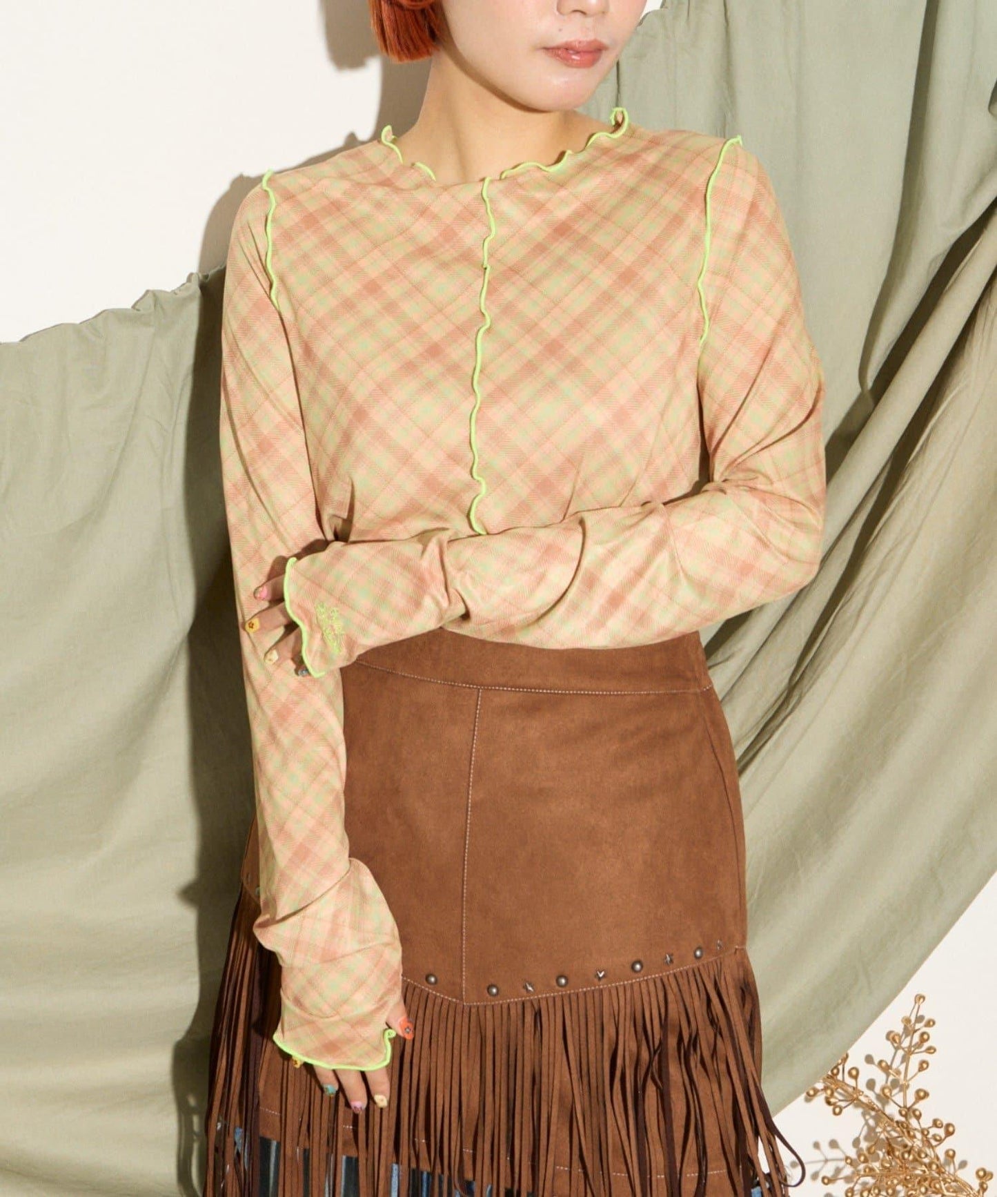 【HELLO.SANFRANCISCO】格紋蕾絲網紗上衣