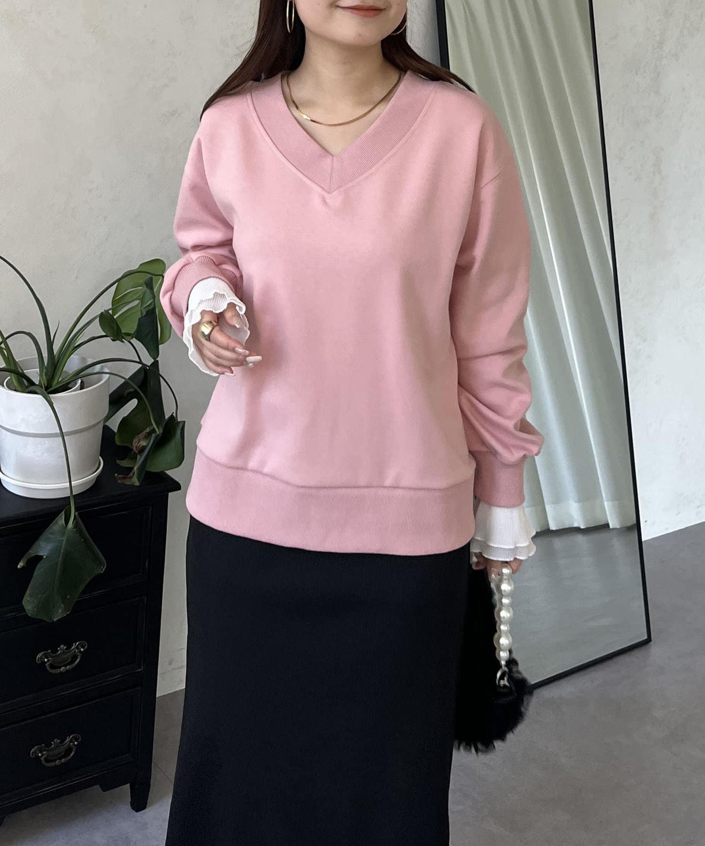 褶皺袖V領衛衣