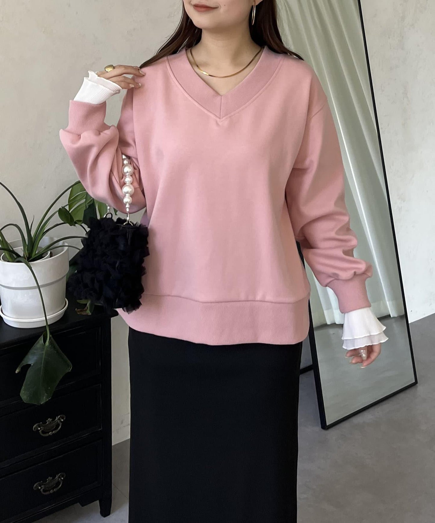 褶皺袖V領衛衣