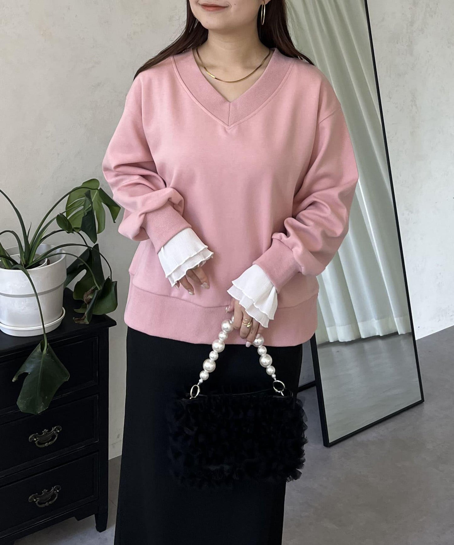 褶皺袖V領衛衣