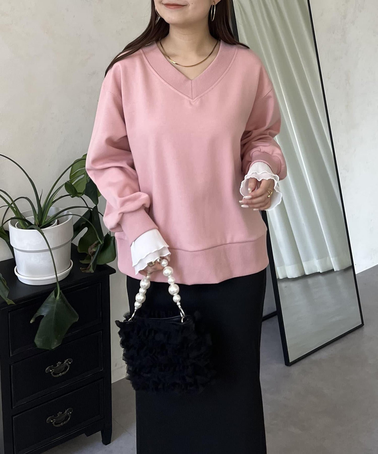 褶皺袖V領衛衣