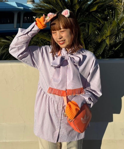 【HS】【momo企劃】條紋兩穿蝴蝶結襯衫