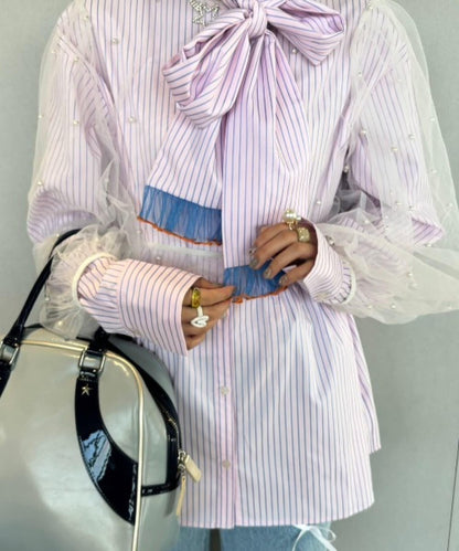 【HS】【momo企劃】條紋兩穿蝴蝶結襯衫