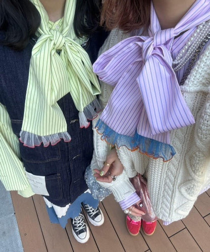 【HS】【momo企劃】條紋兩穿蝴蝶結襯衫