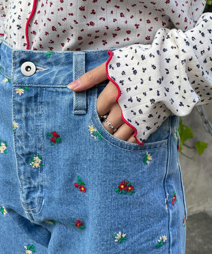 【HELLO.SANFRANCISCO/哈羅舊金山】花朵刺繡牛仔褲