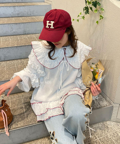 【阿雅企劃】【HELLO.SANFRANCISCO/舊金山你好】配色拼接荷葉邊長款上衣