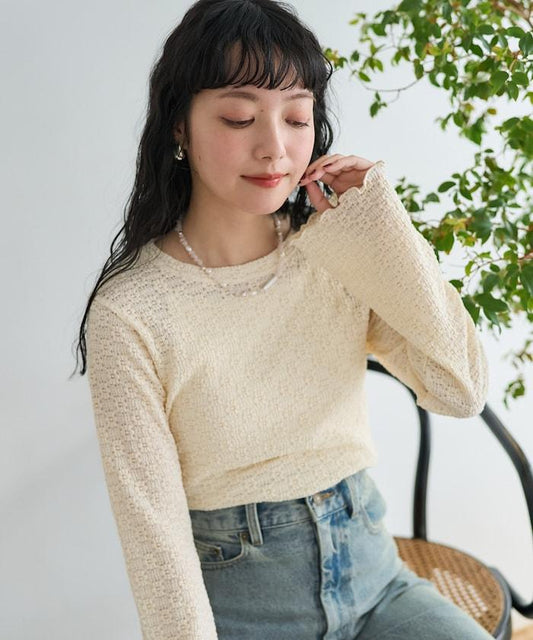 花朵彈力蕾絲長袖T恤