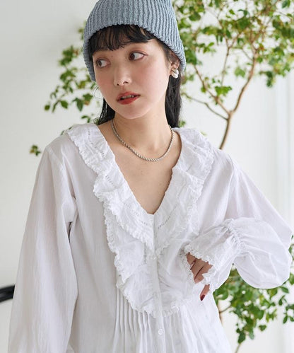 荷葉領 針褶襯衫