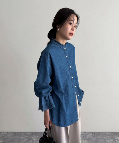 牛仔/純色袖子蕾絲立領襯衫
