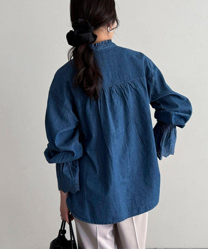 牛仔/純色袖子蕾絲立領襯衫