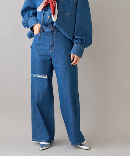 【柳樹】拼接下襬刺繡牛仔褲