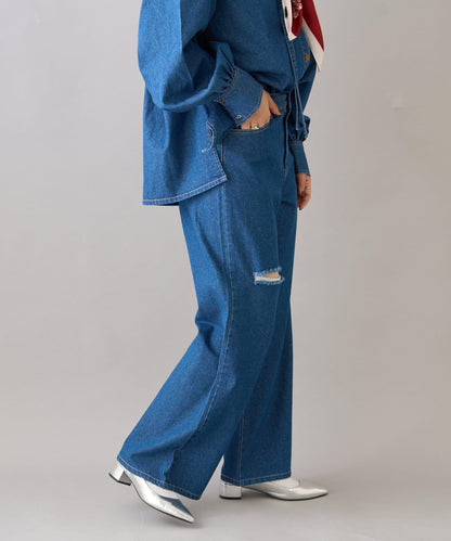 【柳樹】拼接下襬刺繡牛仔褲