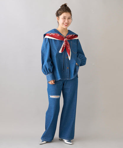 【柳樹】拼接下襬刺繡牛仔褲