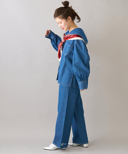【柳樹】拼接下襬刺繡牛仔褲