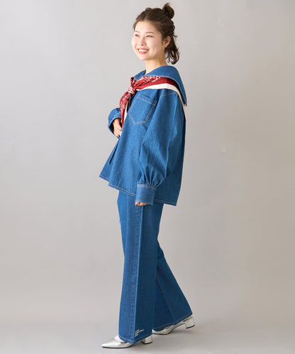 【柳樹】拼接下襬刺繡牛仔褲