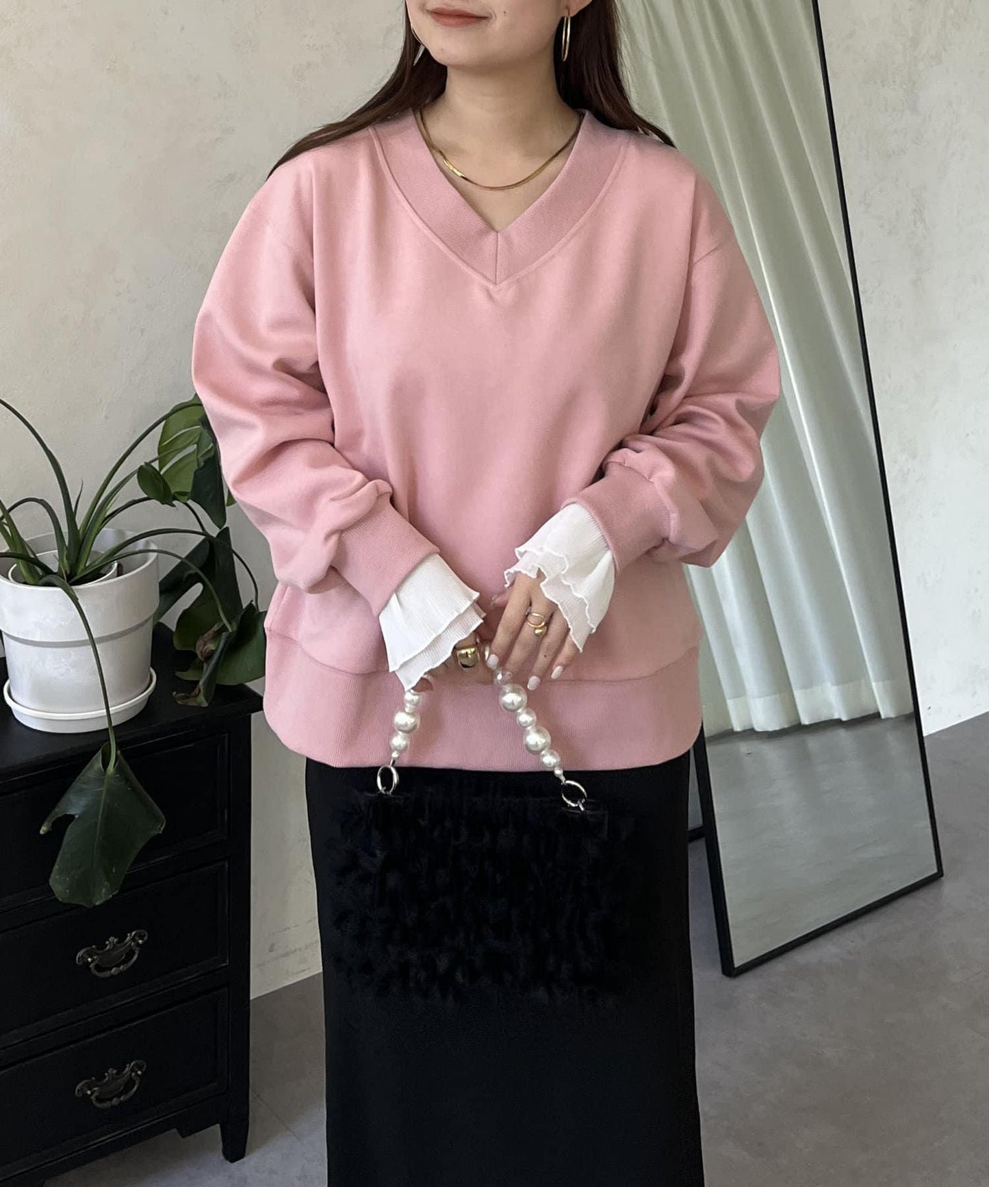 褶皺袖V領衛衣