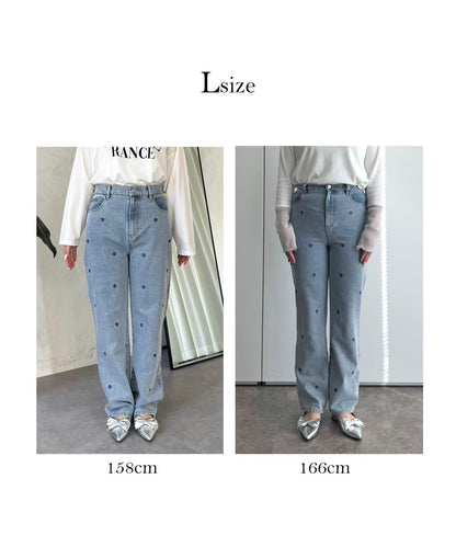心形刺繡直筒牛仔褲