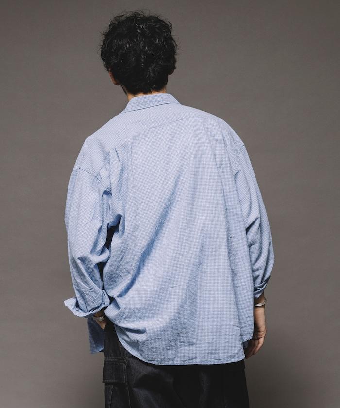 普通顏色 長袖格子襯衫 褶皺加工