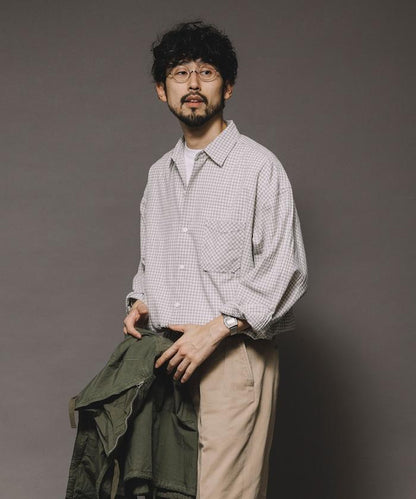 普通顏色 長袖格子襯衫 褶皺加工