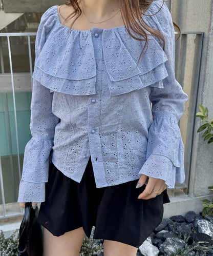 棉質蕾絲荷葉邊襯衫