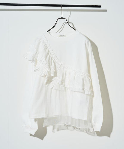 褶邊蕾絲拼接長袖T恤