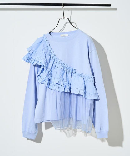 褶邊蕾絲拼接長袖T恤