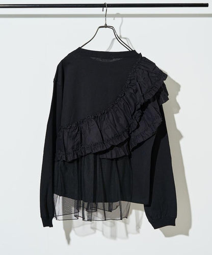 褶邊蕾絲拼接長袖T恤