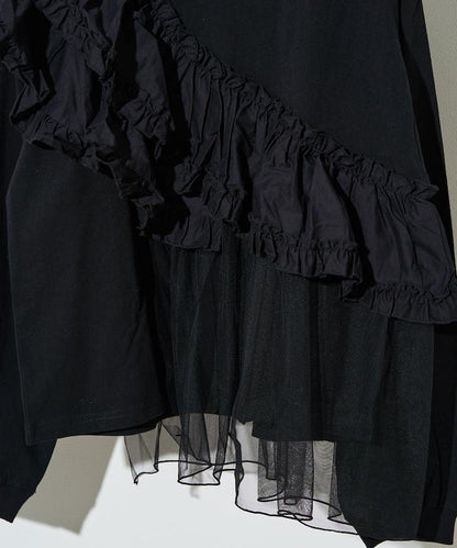 褶邊蕾絲拼接長袖T恤