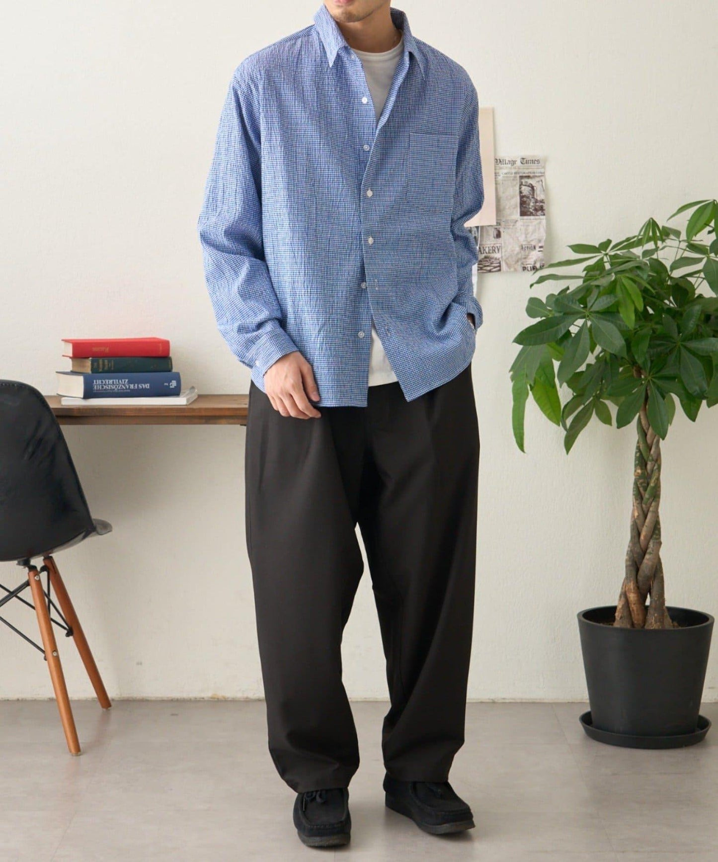 【男女通用】寬鬆剪裁透視足球格紋襯衫