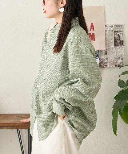【男女通用】寬鬆剪裁透視足球格紋襯衫
