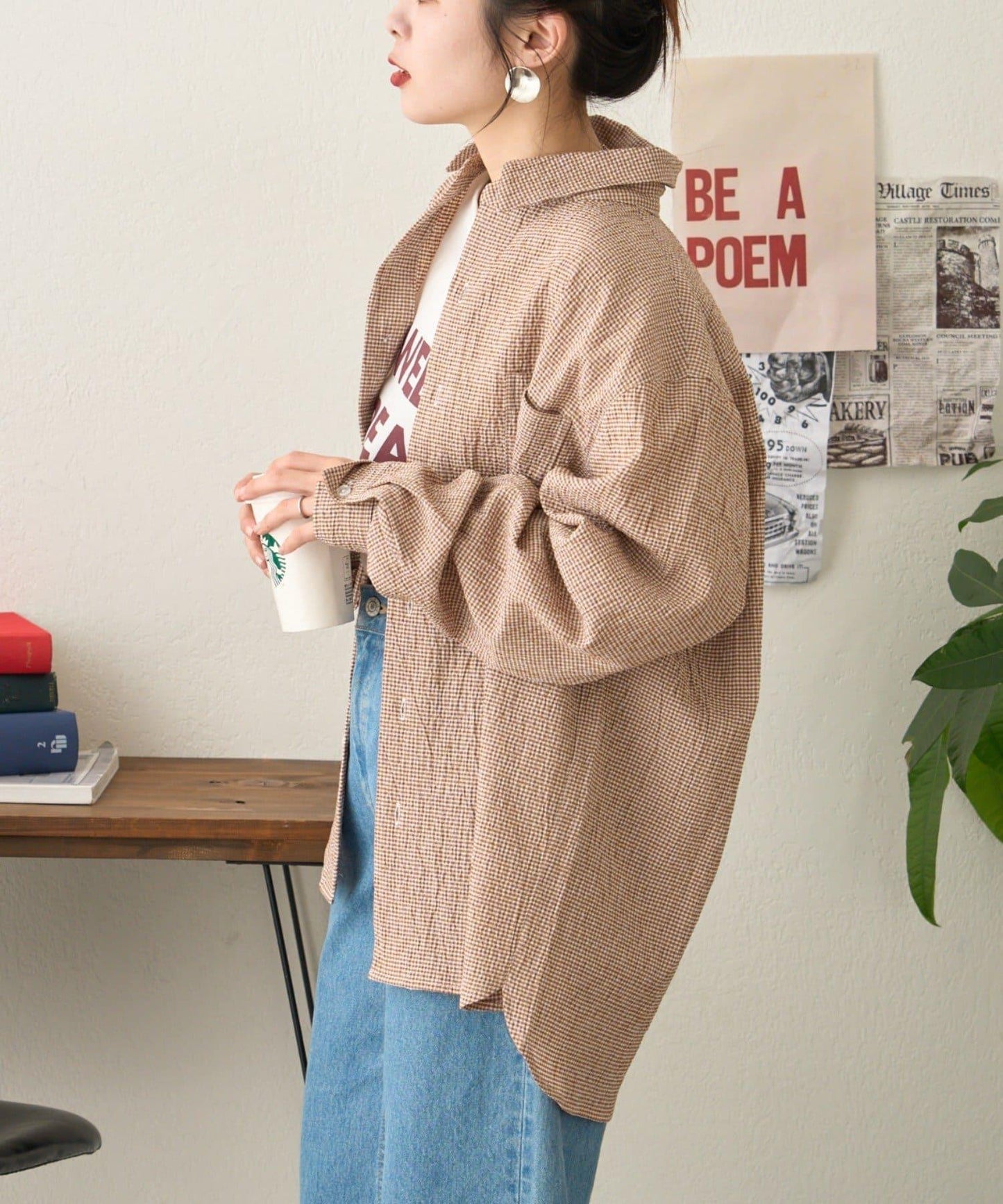 【男女通用】寬鬆剪裁透視足球格紋襯衫