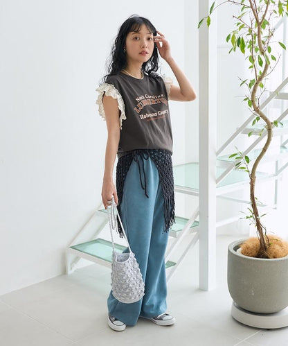 袖蕾絲拼接logo印花T恤