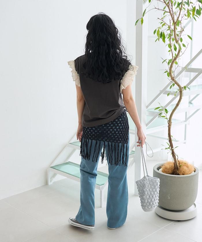 袖蕾絲拼接logo印花T恤