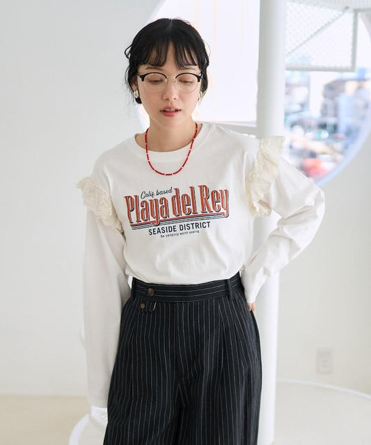 袖蕾絲拼接logo短袖T恤