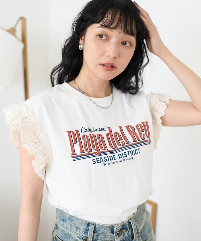 袖蕾絲拼接logo印花T恤