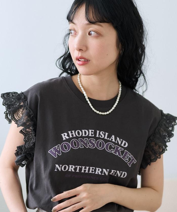 袖蕾絲拼接logo印花T恤